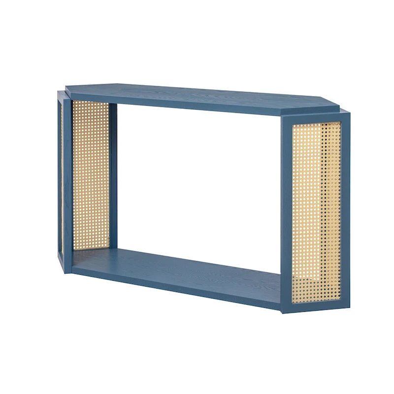 Console en bois noir/bleu vieilli avec panneau en rotin et étagère ouverte