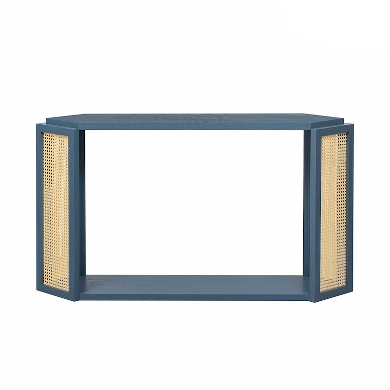 Console en bois noir/bleu vieilli avec panneau en rotin et étagère ouverte
