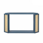 Console en bois noir/bleu vieilli avec panneau en rotin et étagère ouverte