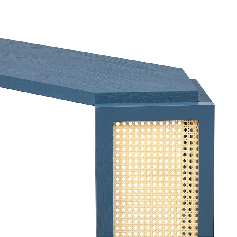 Console en bois noir/bleu vieilli avec panneau en rotin et étagère ouverte