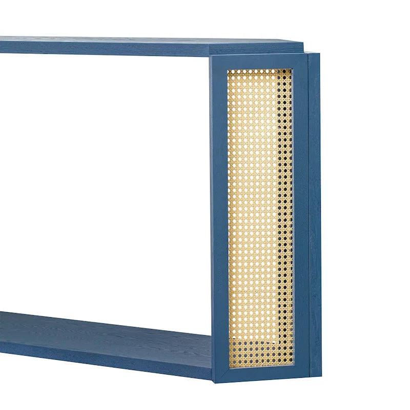 Console en bois noir/bleu vieilli avec panneau en rotin et étagère ouverte