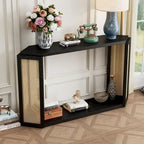 Console en bois noir/bleu vieilli avec panneau en rotin et étagère ouverte