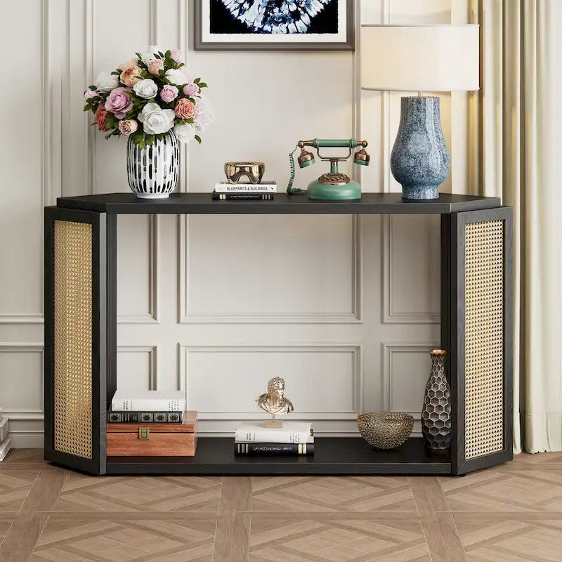 Console en bois noir/bleu vieilli avec panneau en rotin et étagère ouverte