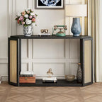 Console en bois noir/bleu vieilli avec panneau en rotin et étagère ouverte