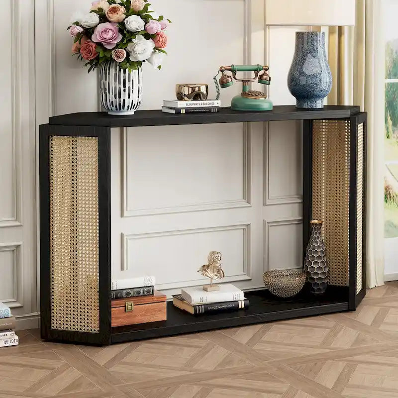 Console en bois noir/bleu vieilli avec panneau en rotin et étagère ouverte