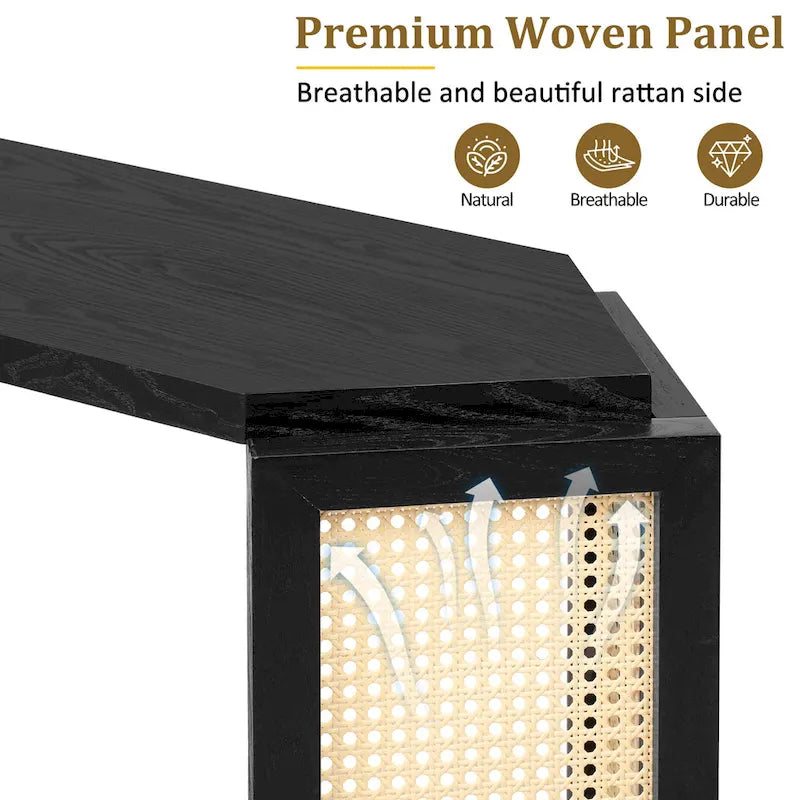Console en bois noir/bleu vieilli avec panneau en rotin et étagère ouverte