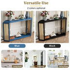 Console en bois noir/bleu vieilli avec panneau en rotin et étagère ouverte