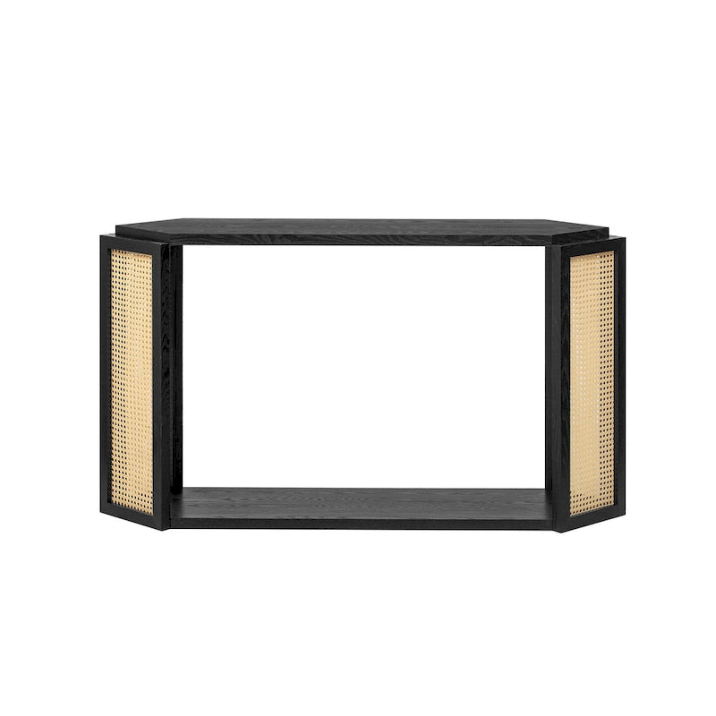 Console en bois noir/bleu vieilli avec panneau en rotin et étagère ouverte