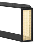 Console en bois noir/bleu vieilli avec panneau en rotin et étagère ouverte
