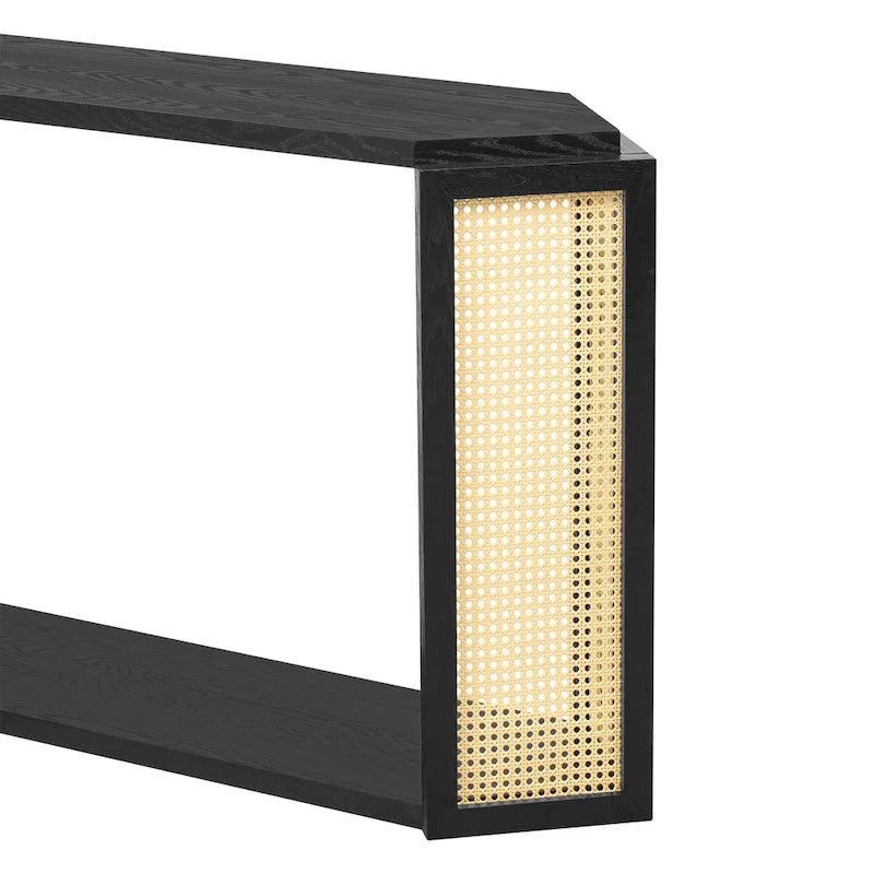 Console en bois noir/bleu vieilli avec panneau en rotin et étagère ouverte