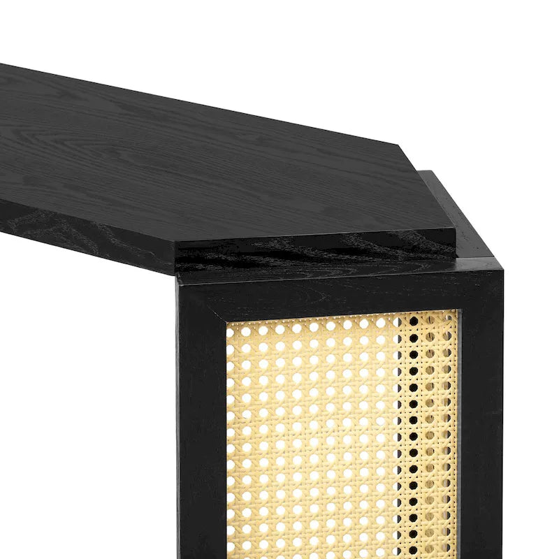 Console en bois noir/bleu vieilli avec panneau en rotin et étagère ouverte