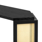 Console en bois noir/bleu vieilli avec panneau en rotin et étagère ouverte