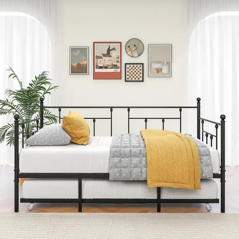 Lit de repos double en métal noir avec lit gigogne, 2 couchages