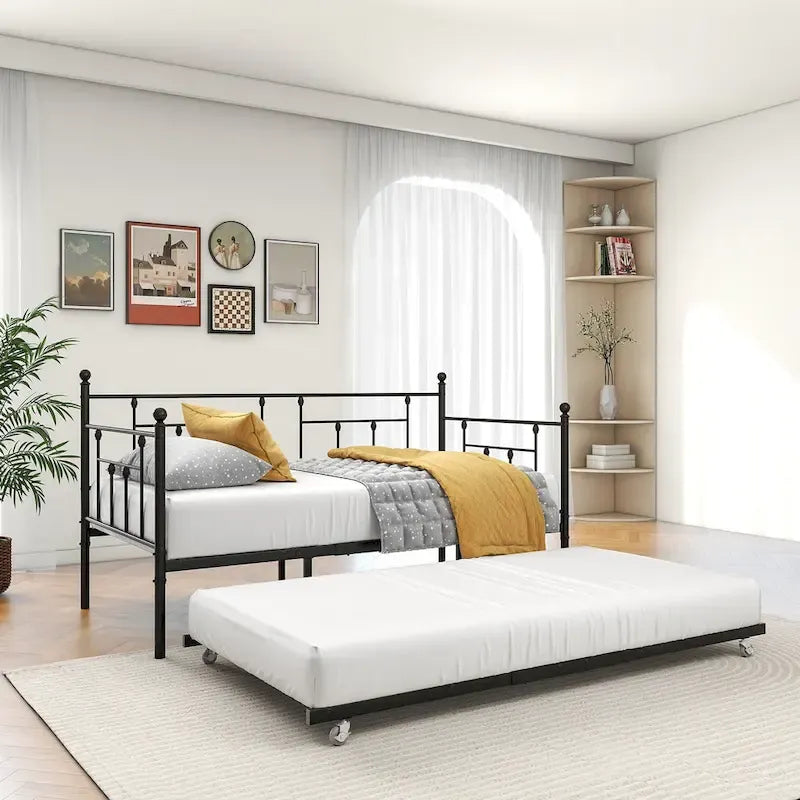 Lit de repos double en métal noir avec lit gigogne, 2 couchages