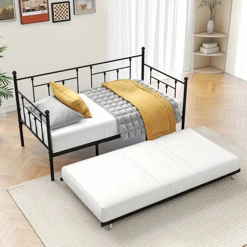 Lit de repos double en métal noir avec lit gigogne, 2 couchages