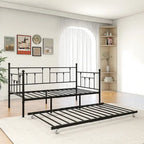 Lit de repos double en métal noir avec lit gigogne, 2 couchages