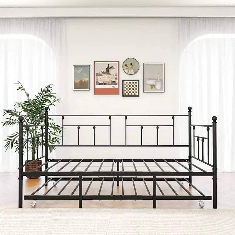 Lit de repos double en métal noir avec lit gigogne, 2 couchages