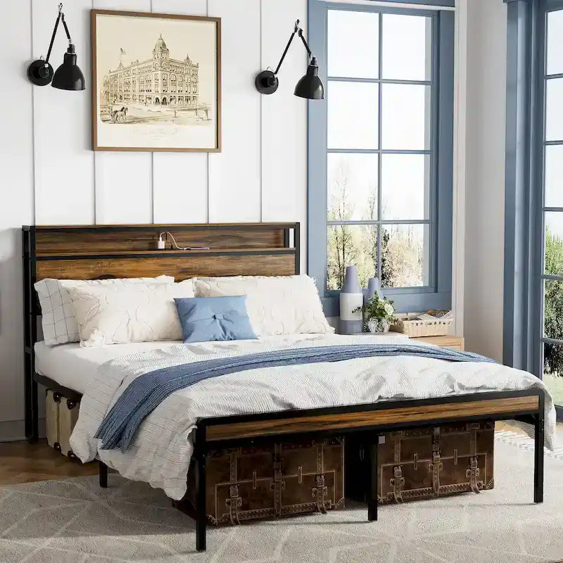 Lit plateforme Queen brun antique avec tête de lit LED RVB – Pour 2