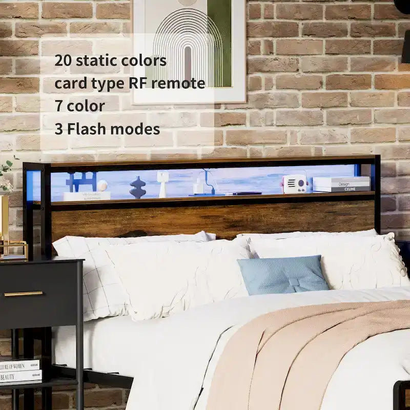 Lit plateforme Queen brun antique avec tête de lit LED RVB – Pour 2