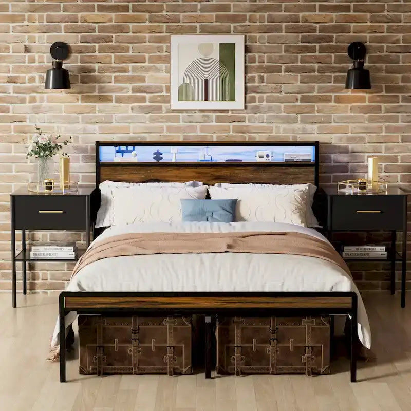 Lit plateforme Queen brun antique avec tête de lit LED RVB – Pour 2