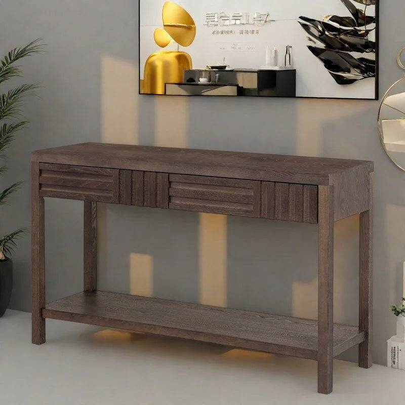 Console à rayures marron / noir / bleu marine avec 2 tiroirs et étagère inférieure – 1 place