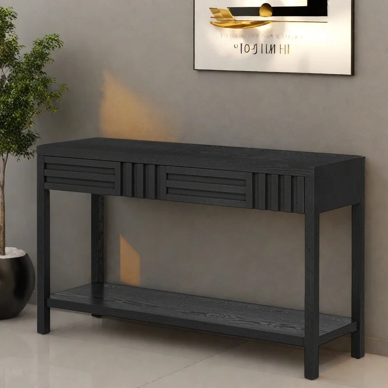 Console à rayures marron / noir / bleu marine avec 2 tiroirs et étagère inférieure – 1 place
