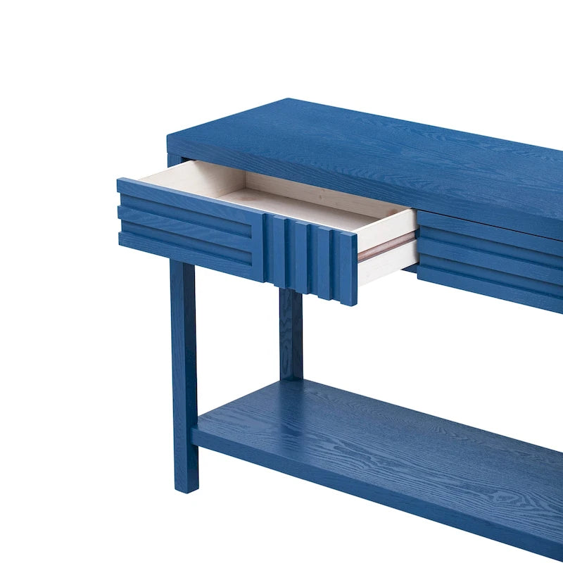 Console à rayures marron / noir / bleu marine avec 2 tiroirs et étagère inférieure – 1 place