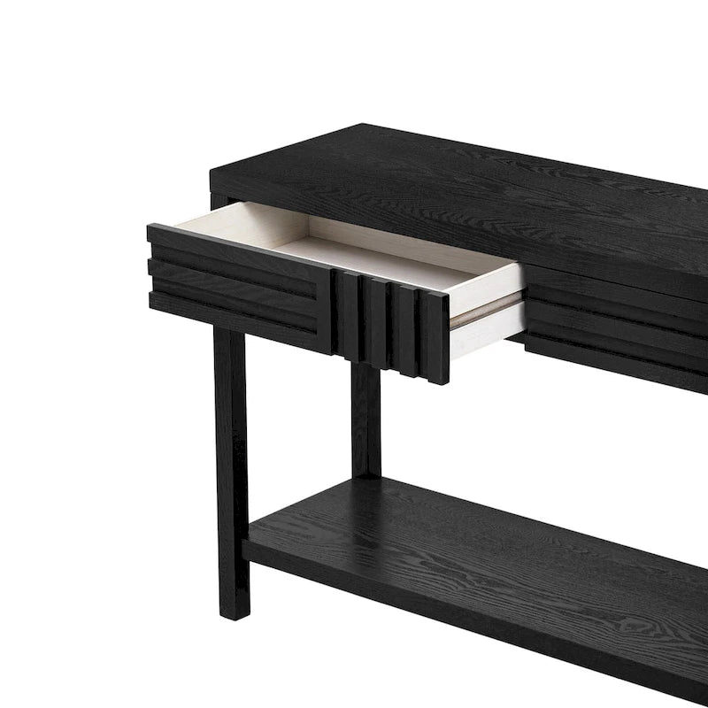 Console à rayures marron / noir / bleu marine avec 2 tiroirs et étagère inférieure – 1 place
