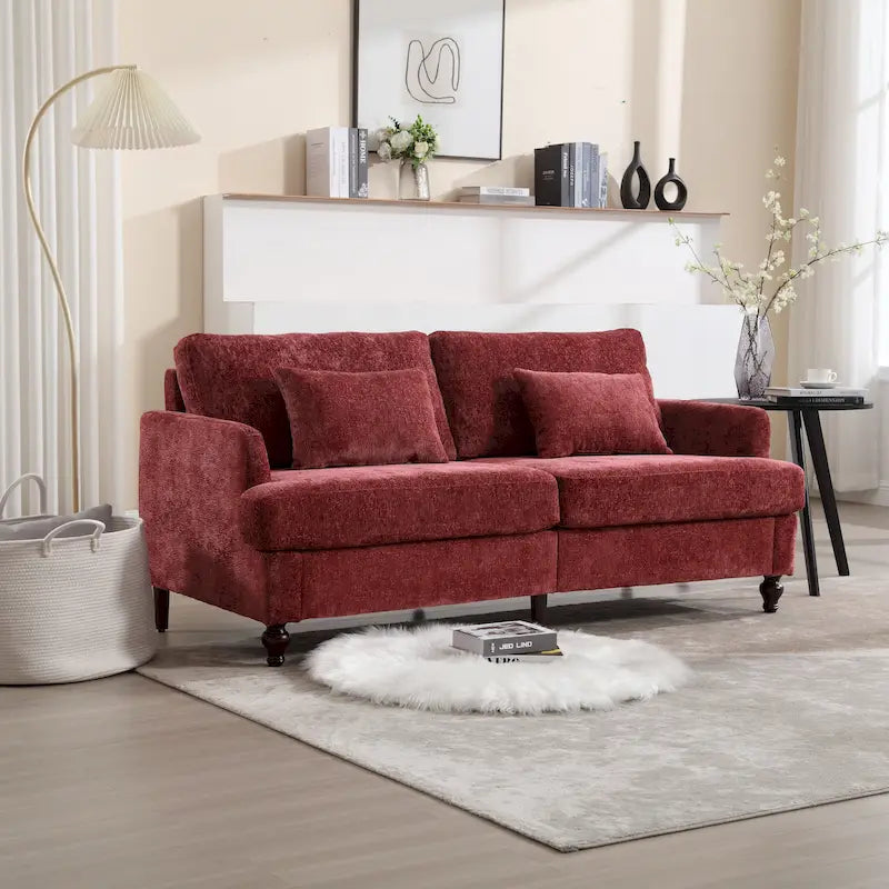 Canapé 2 places en chenille rouge avec coussins amovibles
