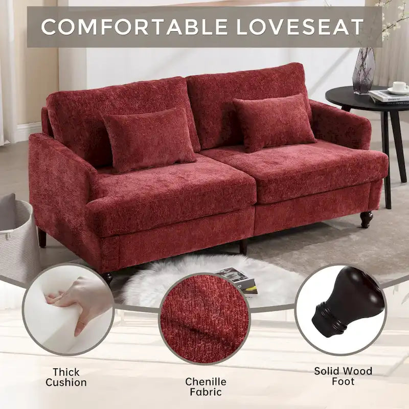 Canapé 2 places en chenille rouge avec coussins amovibles
