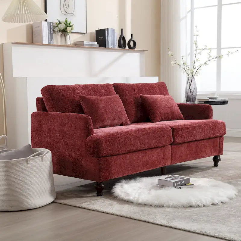 Canapé 2 places en chenille rouge avec coussins amovibles