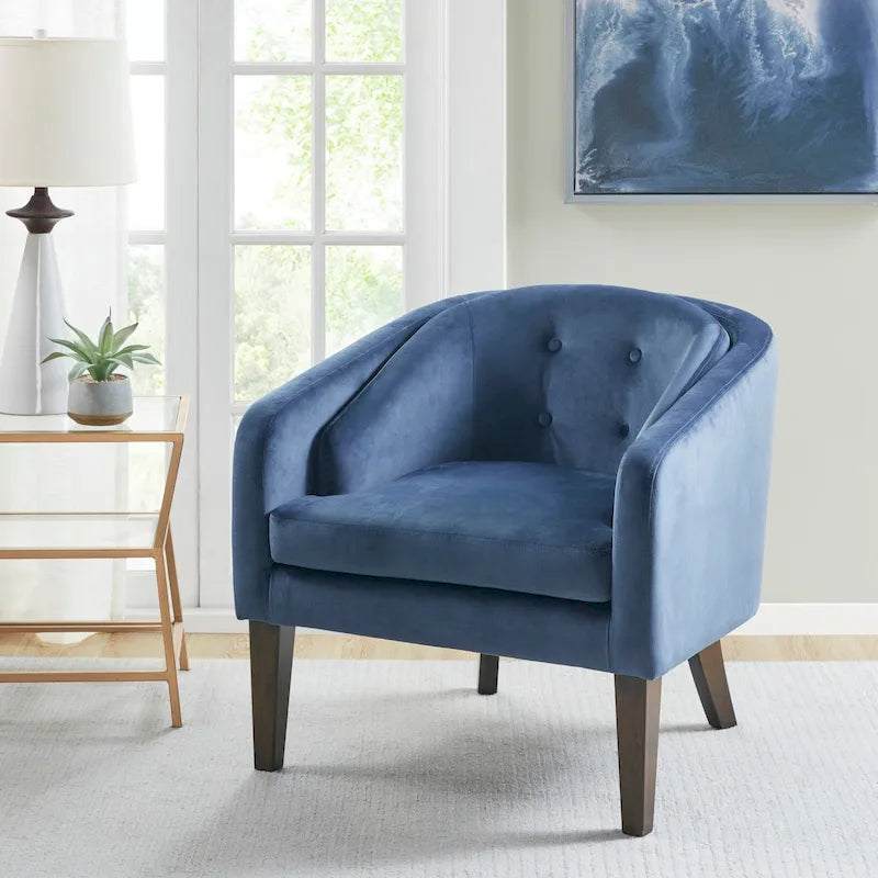 Fauteuil d'appoint capitonné en velours bleu – Style Mid-Century, une place