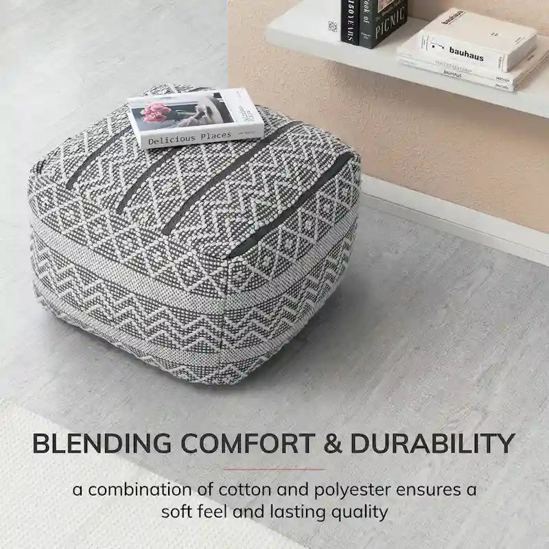 Pouf ottoman carré gris et ivoire / noir et ivoire, siège simple, 56 cm × 56 cm × 41 cm