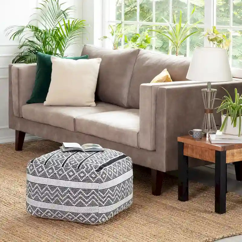 Pouf ottoman carré gris et ivoire / noir et ivoire, siège simple, 56 cm × 56 cm × 41 cm