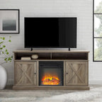 Console TV de cheminée électrique style porte de grange 60 po, Chêne rustique / Blanc brossé / Gris délavé, Convient aux téléviseurs jusqu'à 65 po