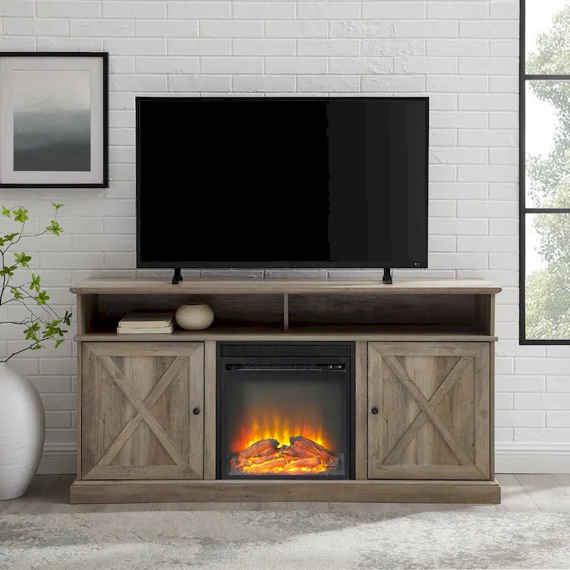Console TV de cheminée électrique style porte de grange 60 po, Chêne rustique / Blanc brossé / Gris délavé, Convient aux téléviseurs jusqu'à 65 po