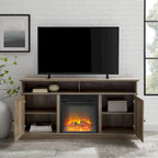 Console TV de cheminée électrique style porte de grange 60 po, Chêne rustique / Blanc brossé / Gris délavé, Convient aux téléviseurs jusqu'à 65 po