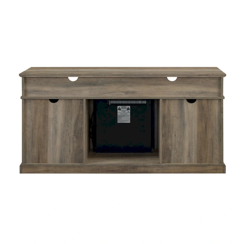 Console TV de cheminée électrique style porte de grange 60 po, Chêne rustique / Blanc brossé / Gris délavé, Convient aux téléviseurs jusqu'à 65 po