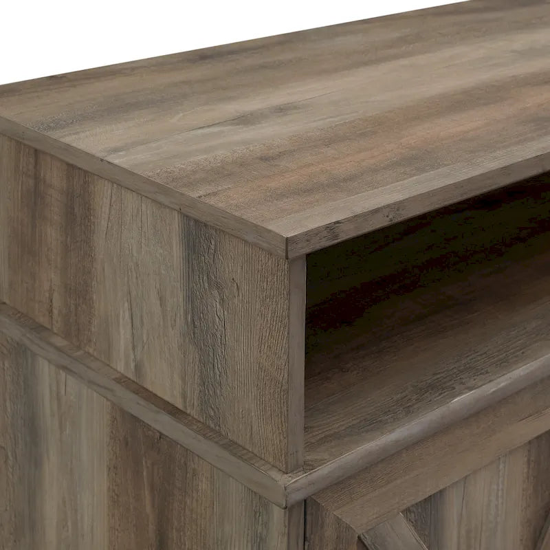 Console TV de cheminée électrique style porte de grange 60 po, Chêne rustique / Blanc brossé / Gris délavé, Convient aux téléviseurs jusqu'à 65 po