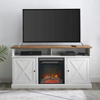 Console TV de cheminée électrique style porte de grange 60 po, Chêne rustique / Blanc brossé / Gris délavé, Convient aux téléviseurs jusqu'à 65 po