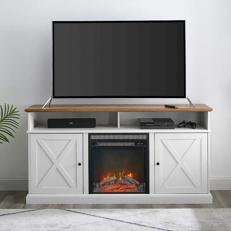 Console TV de cheminée électrique style porte de grange 60 po, Chêne rustique / Blanc brossé / Gris délavé, Convient aux téléviseurs jusqu'à 65 po
