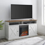 Console TV de cheminée électrique style porte de grange 60 po, Chêne rustique / Blanc brossé / Gris délavé, Convient aux téléviseurs jusqu'à 65 po