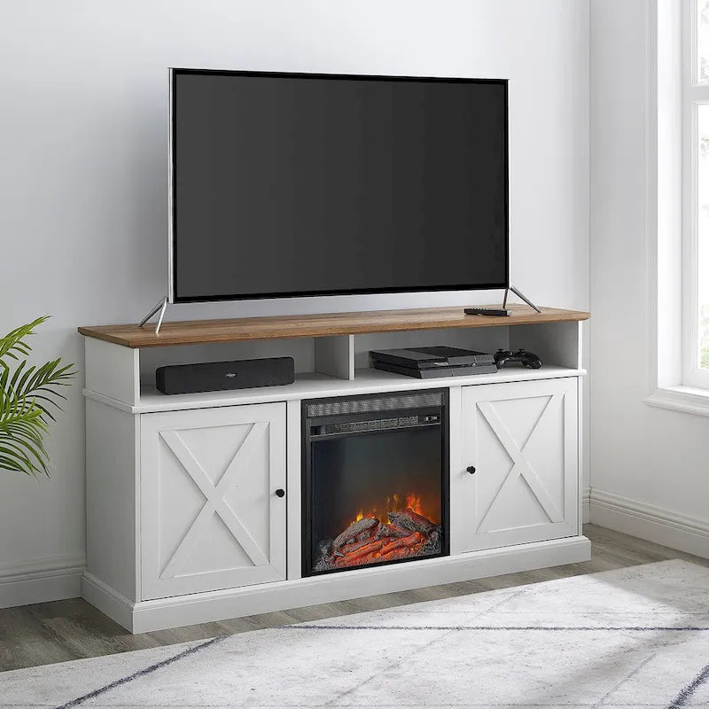 Console TV de cheminée électrique style porte de grange 60 po, Chêne rustique / Blanc brossé / Gris délavé, Convient aux téléviseurs jusqu'à 65 po