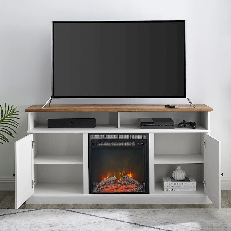 Console TV de cheminée électrique style porte de grange 60 po, Chêne rustique / Blanc brossé / Gris délavé, Convient aux téléviseurs jusqu'à 65 po