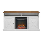 Console TV de cheminée électrique style porte de grange 60 po, Chêne rustique / Blanc brossé / Gris délavé, Convient aux téléviseurs jusqu'à 65 po