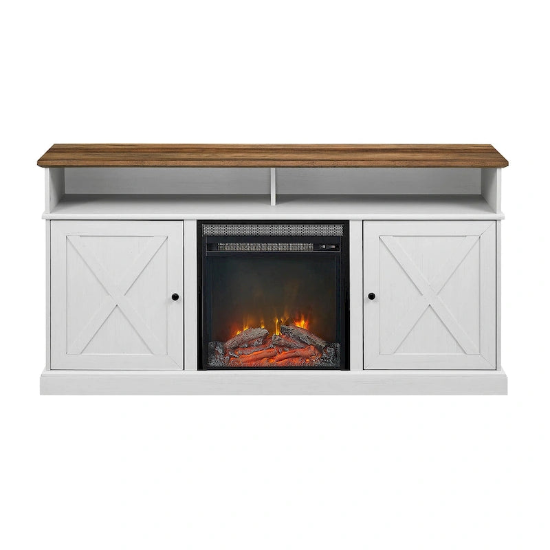 Console TV de cheminée électrique style porte de grange 60 po, Chêne rustique / Blanc brossé / Gris délavé, Convient aux téléviseurs jusqu'à 65 po