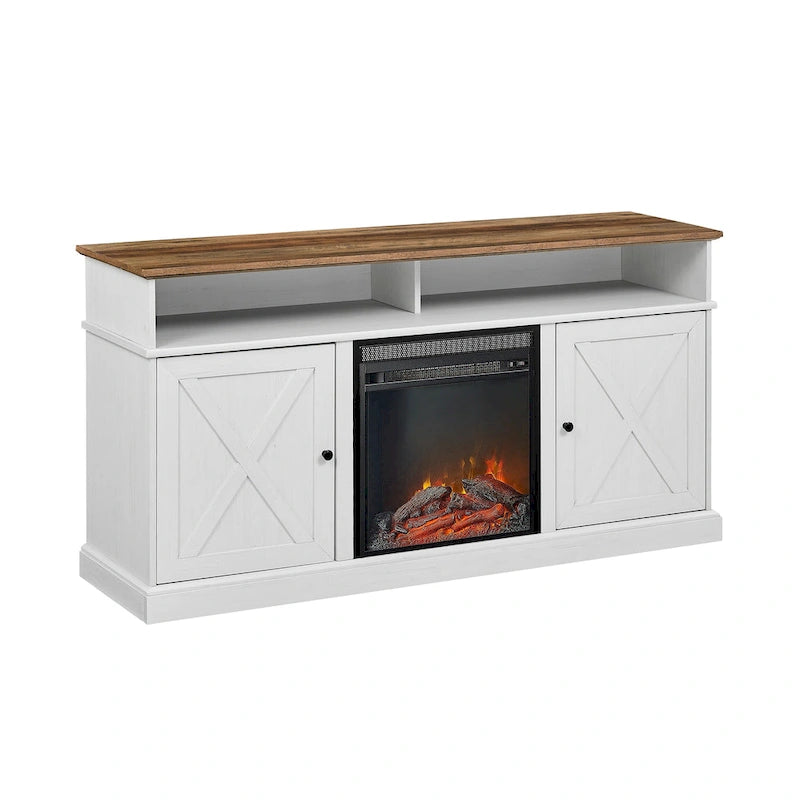 Console TV de cheminée électrique style porte de grange 60 po, Chêne rustique / Blanc brossé / Gris délavé, Convient aux téléviseurs jusqu'à 65 po