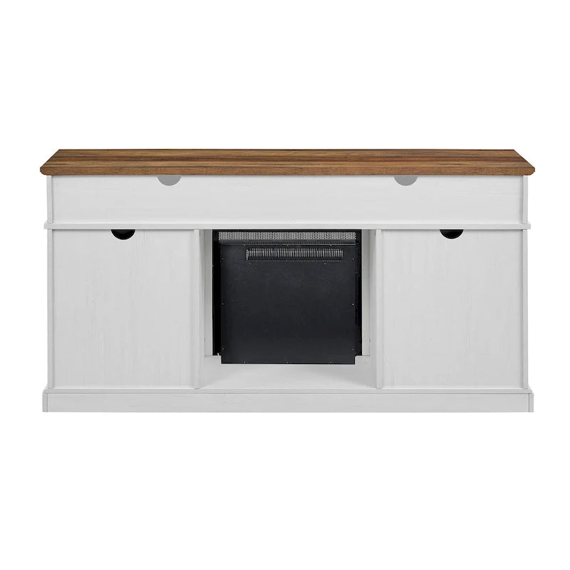 Console TV de cheminée électrique style porte de grange 60 po, Chêne rustique / Blanc brossé / Gris délavé, Convient aux téléviseurs jusqu'à 65 po