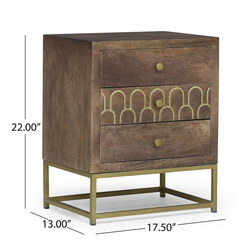 Table de chevet 3 tiroirs Noyer & Or, Bois de manguier & Fer, Unique