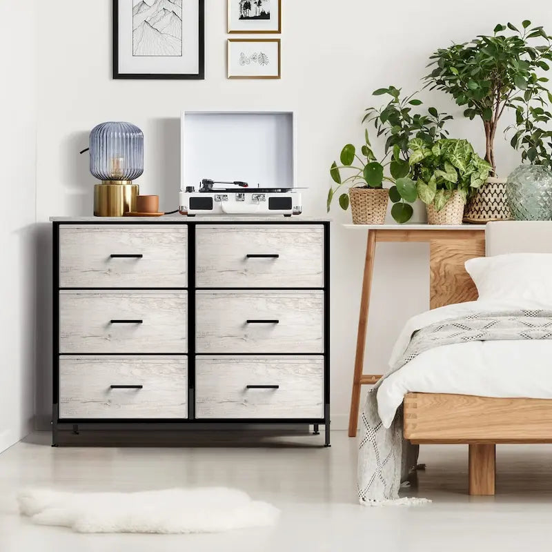 Commode en tissu beige/gris à 6 tiroirs, Meuble de rangement simple